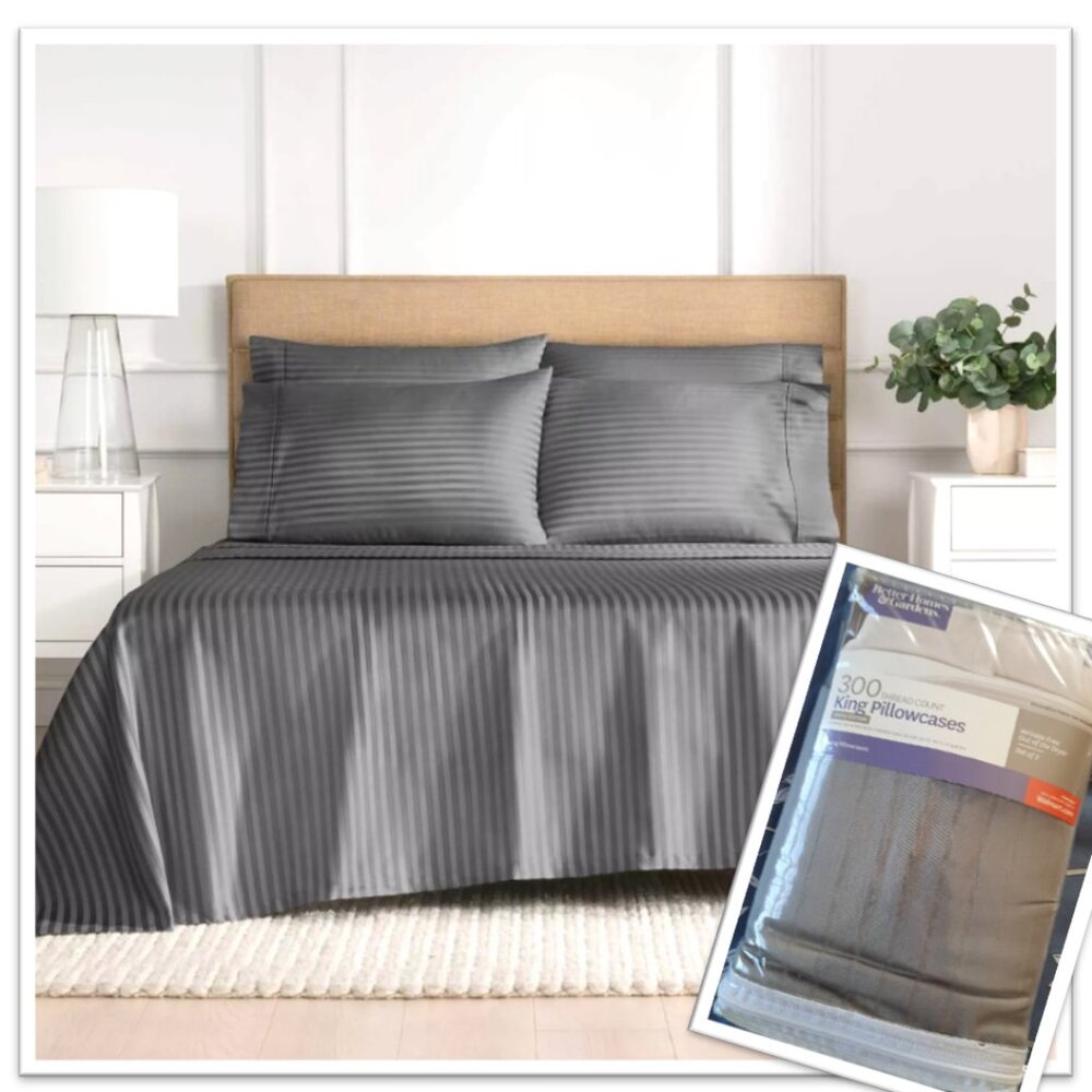 BHG 300 Thread Count Damask Stripe KING Cotton Pillocases NWT! - Gray, Set of 2